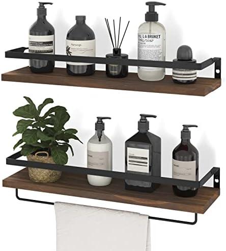 SODUKU Floating Shelves for Wall, Bathroom Shelves with Towel Bar, Wall Mounted Storage Shelves for Kitchen, Bathroom, Set of 2 Brown