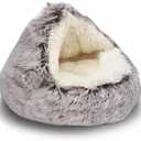 ShinHye Cozy Cat Bed - Round Plush Fluffy Hooded Cave, Indoor/Outdoor, Waterproof & Washable (20x20inch, Coffee)