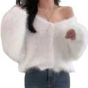 JOLILUNA Mohair Cardigan for Women - Fuzzy Open Front Oversized Faux Fur Coquette Sweater (White)