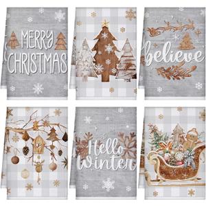 Preboun 6 Pcs Christmas Kitchen Towels Grey Buffalo Plaid Xmas Tree Brown Christmas Dish Hand Kitchen Towels Hello Winter Bathroom Decoration Dish Cloth Tea Cloth (Brown Wood Color)