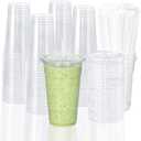 TashiBox 100 Sets – 24 oz Clear Plastic Cups with Flat Lids and Straws – Smoothie & Iced Coffee Disposable Cups – Large Meal Prep Crystal Cups with Lids