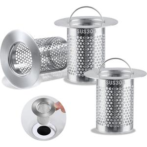 3 Pack Sink Drain Strainer - Stainless Steel Bathtub Shower Drain Hair Stopper Strainer for Shower Bathroom Kitchen Sink Prevent Clogging, with Handle (2.17")