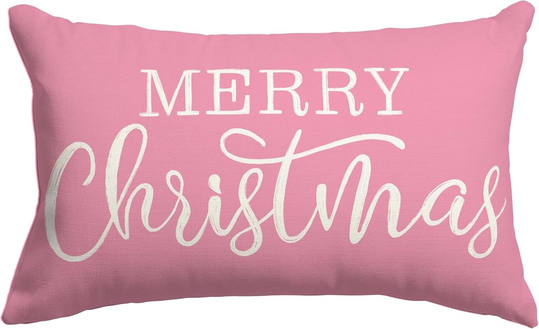 2 x Pink Christmas Lumbar Pillow Cover 12x20 Inches for Xmas Decorations Merry Christmas Throw Pillow Covers Winter Holiday Cushion Case Decoration for Sofa Couch