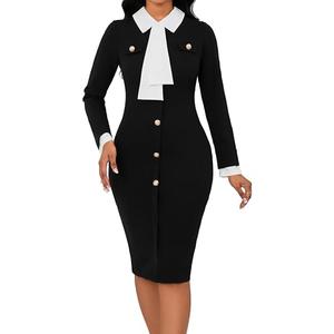 Women Work Dress Bodycon Long Sleeve Church Dresses Round Neck Button Down Business Black Pencil Dresses with Big Tie, Size Large