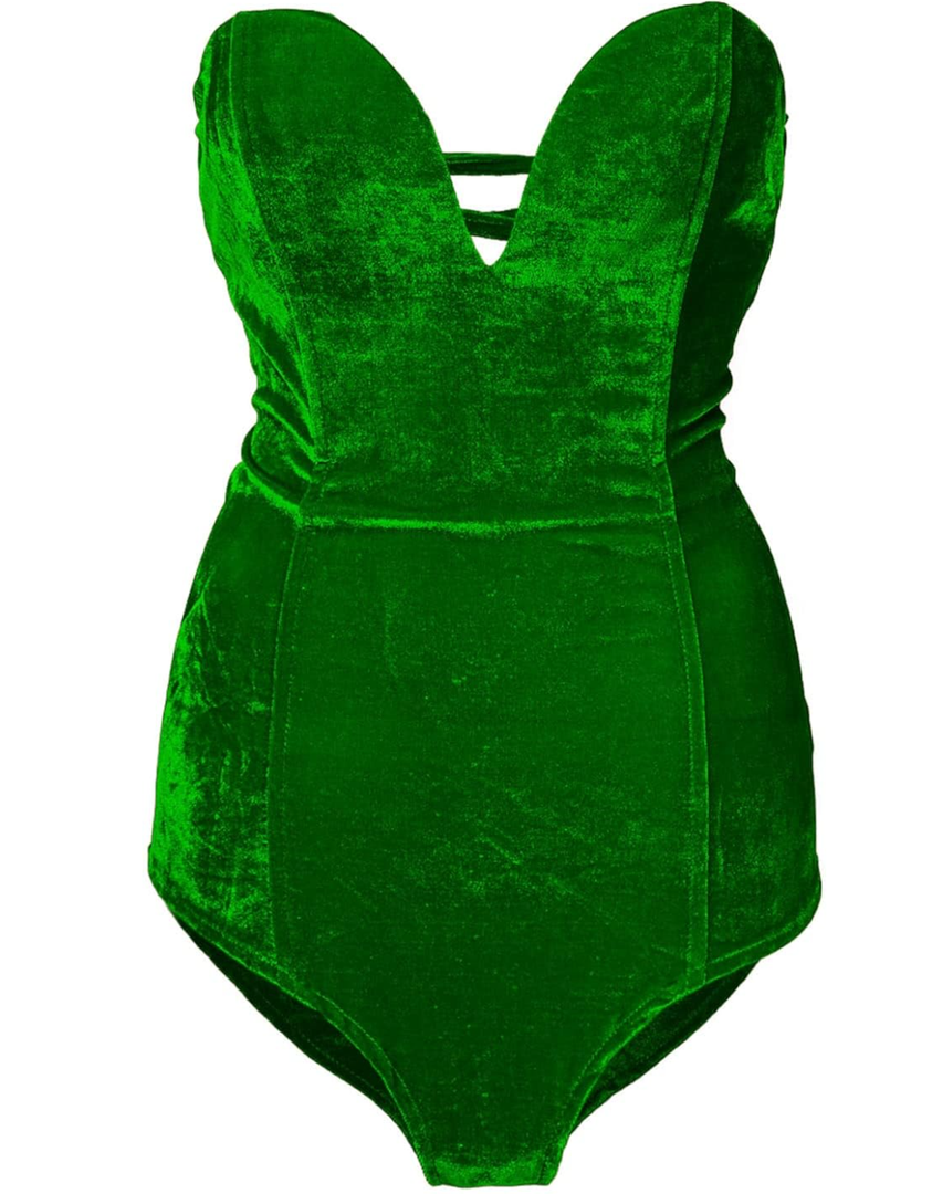 Clothink Women's Burgundy Sexy Plunge Neck Strapless Cross Back Velvet Bodysuit, Size L