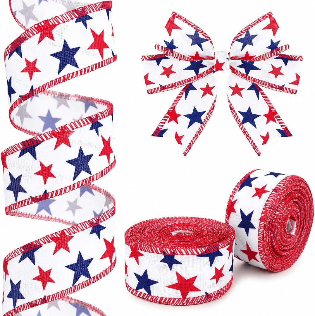 KINGLAKE 250th Anniversary Patriotic Wired Ribbon - 1-1/2 Inch x 22 Yards Red White and Blue Burlap Ribbon 4th of July Star Ribbons for Wreath Crafts Independence Day Memorial Day Veterans Day Decor