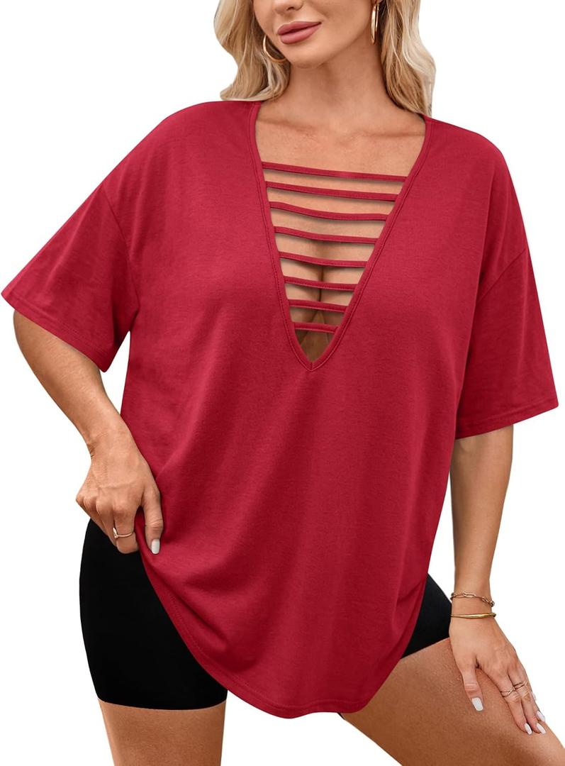 Remidoo Womens Oversized Tshirt Sexy Cut Out Top Ripped Shirt Short Sleeve V Neck Tee Deep Red Medium (Red, M)