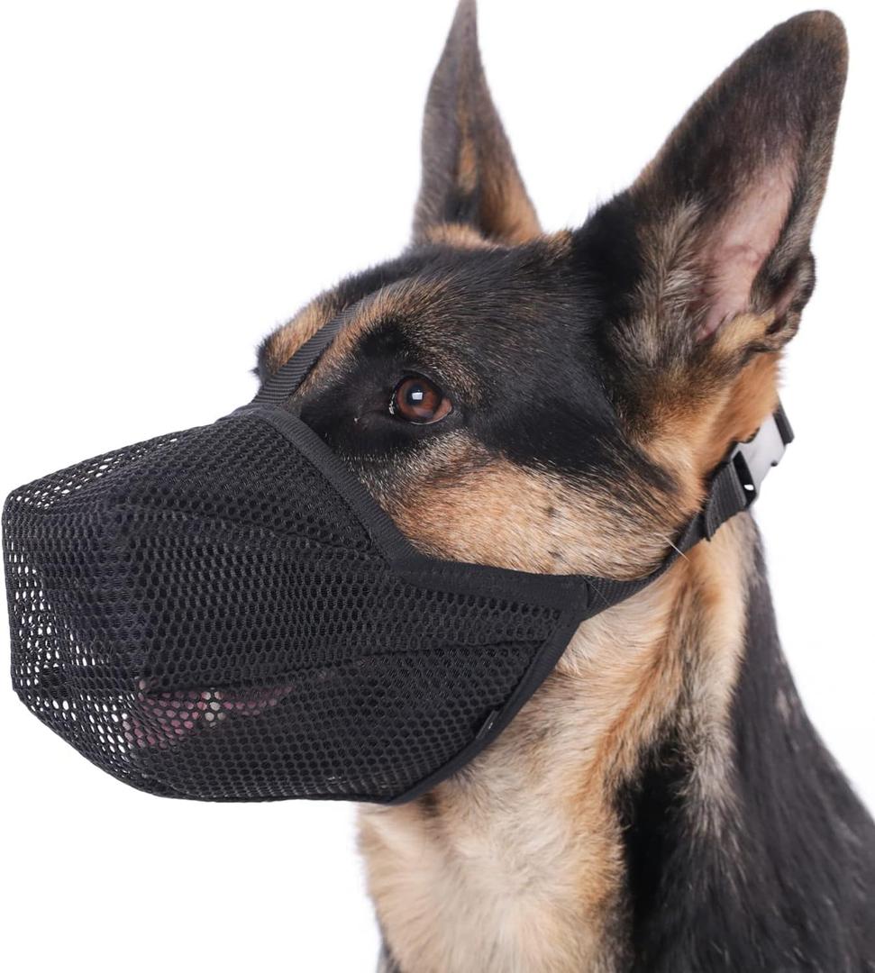 Mayerzon Dog Muzzle, Patented Soft Mesh Muzzle for Small Medium Large Dogs for Scavenging Biting Licking and Chewing, Allows to Pant and Drink (L-(Snout:11"-12¼"), Black)