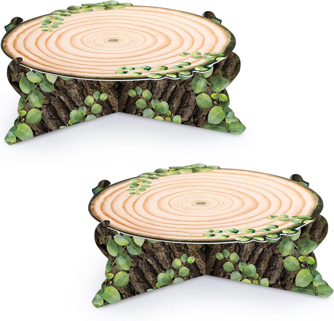Zopeal 2 Pcs Woodland Cupcake Stand Wooden Cupcake Stand Decoration Western Cake Holder Camping Cake Holder for Woodland Baby Shower Decoration Forest Safari Birthday Party Supplies(Green Leaf)