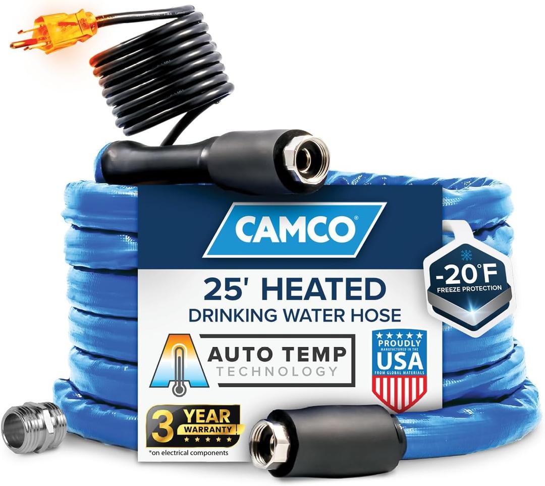 Camco 25-Ft Heated Water Hose for RV - Water Line Freeze Protection Down to -20F/-28C - Features Energy-Saving Thermostat & Includes Adapter for Connection to Either End of Hose (22911)