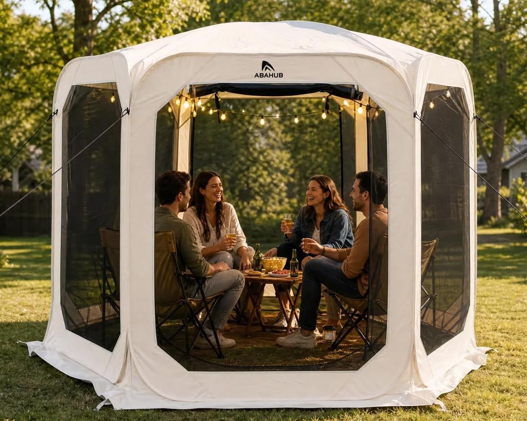 Abahub Pop Up Screen House Tent, 9.8 x 9.8 FT, Beige | 6-8 Person Capacity, Screen Room Gazebo, Instant Setup, Carry Bag Included, For Patio, Backyard, Deck & Outdoor Activities, 9.8x9.8x6.7 FT