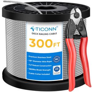 TICONN 1/8" Black Stainless Steel Deck Railing Cable 300ft with Cutter, Premium Wire Rope for DIY Deck or Stair Cabling Project