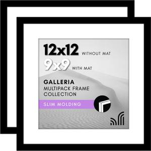 Americanflat 12x12 Picture Frame with Polished Plexiglass - Set of 2 - Use as 9x9 Frame with Mat or Display 12x12 Photo Without Mat - Galleria Collection - Square Frames for Wall Display - Black