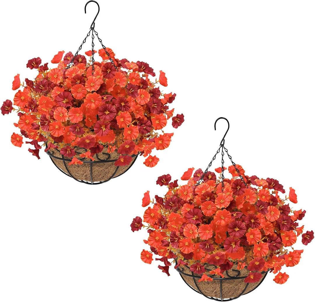 2 Set Artificial Hanging Flowers Plants Basket for Outdoors Fall Decorations, 24 Pcs UV Resistant Faux Morning Glory Fake Petunias with 2 Hanging Planter for Home Porch Balcony Garden Decor (Orange)