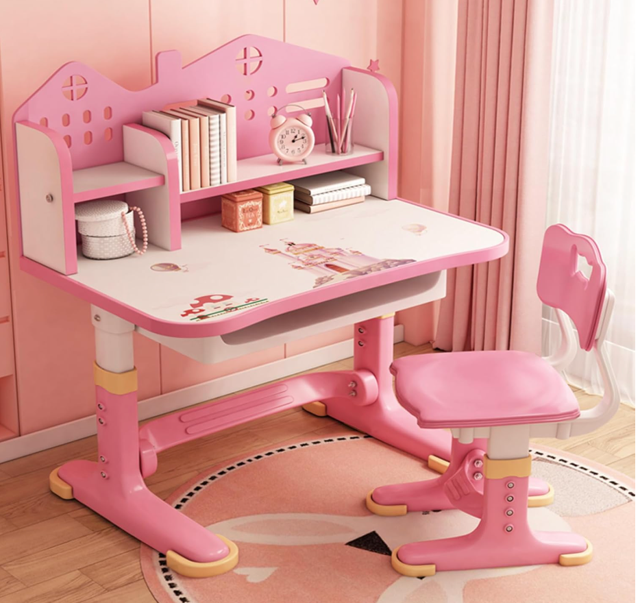 Kids Functional Desk and Chair Set, Ergonomic Height Adjustable Children School Study Desk with Storage, Book Stand, Metal Hook and Drawer for Boys Girls (Pink-)