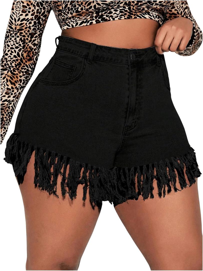 Floerns Women's Plus Size High Waist Zipper Fly Fringe Denim Shorts with Pocket (Black) XL