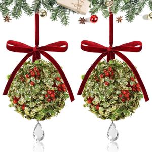 2 PCS Christmas Mistletoe Decoration Artificial Mistletoe Hanging Crystal Ornament Kissing Ball with Berry Bow for Doorway Home Xmas Tree Friendship Holiday Party Arch Ceiling Decor (Red)