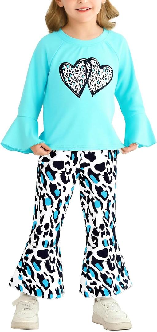 Toddler Girl Clothes Long Flare Sleeve Tops Bell Bottom Pants Baby Girls Clothing Sets Cartoon Graphic Outfit (3-4 Y, Blue)