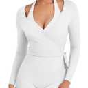 YEOREO Women Pilates Wrap Top Long Sleeve Tie Ballet Workout Yoga Shirt Michelie Y2K V Neck Cropped Tops, S