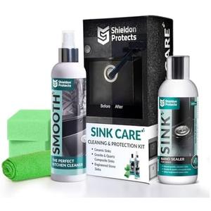 Shieldon Sink Care Kit – Cleaner & Nano Sealer for Granite Composite, Ceramic & Natural Stone Sinks – Restores Shine, Repels Stains, Grease & Hard Water – 2 Sponges & Microfiber Cloth