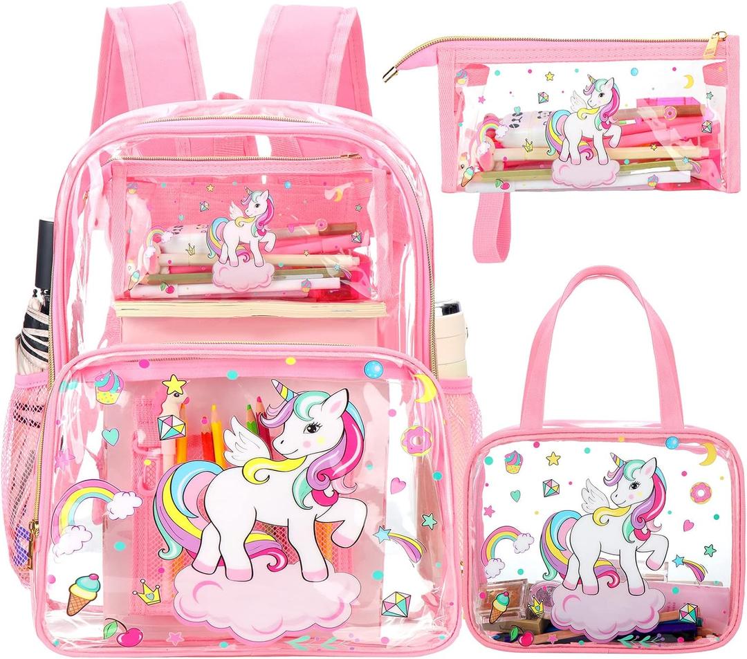 Kacctyen 3 Pcs Clear Backpack Heavy Duty Clear Stadium Bag Transparent Backpack with Lunch Bag(Pink,Rainbow, Unicorn), 16.9 x 12 x 6.5 inches