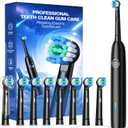Rotating Electric Toothbrush with 8 Brush Heads for Adults and Kids, 3 Modes Rechargeable Power Toothbrush with 2-Minute Smart Timer, 45-Day Battery Life (Black)