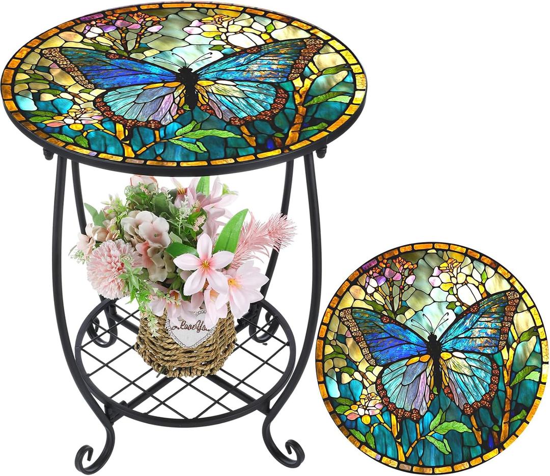 Cinnvoice Outdoor Side Table Round Small Mosaic Patio Accent Indoor End Plant Coffee Tea Table for Yard Patio Porch Garden Living Room, Bedroom (Butterfly Style, 18 Inch)
