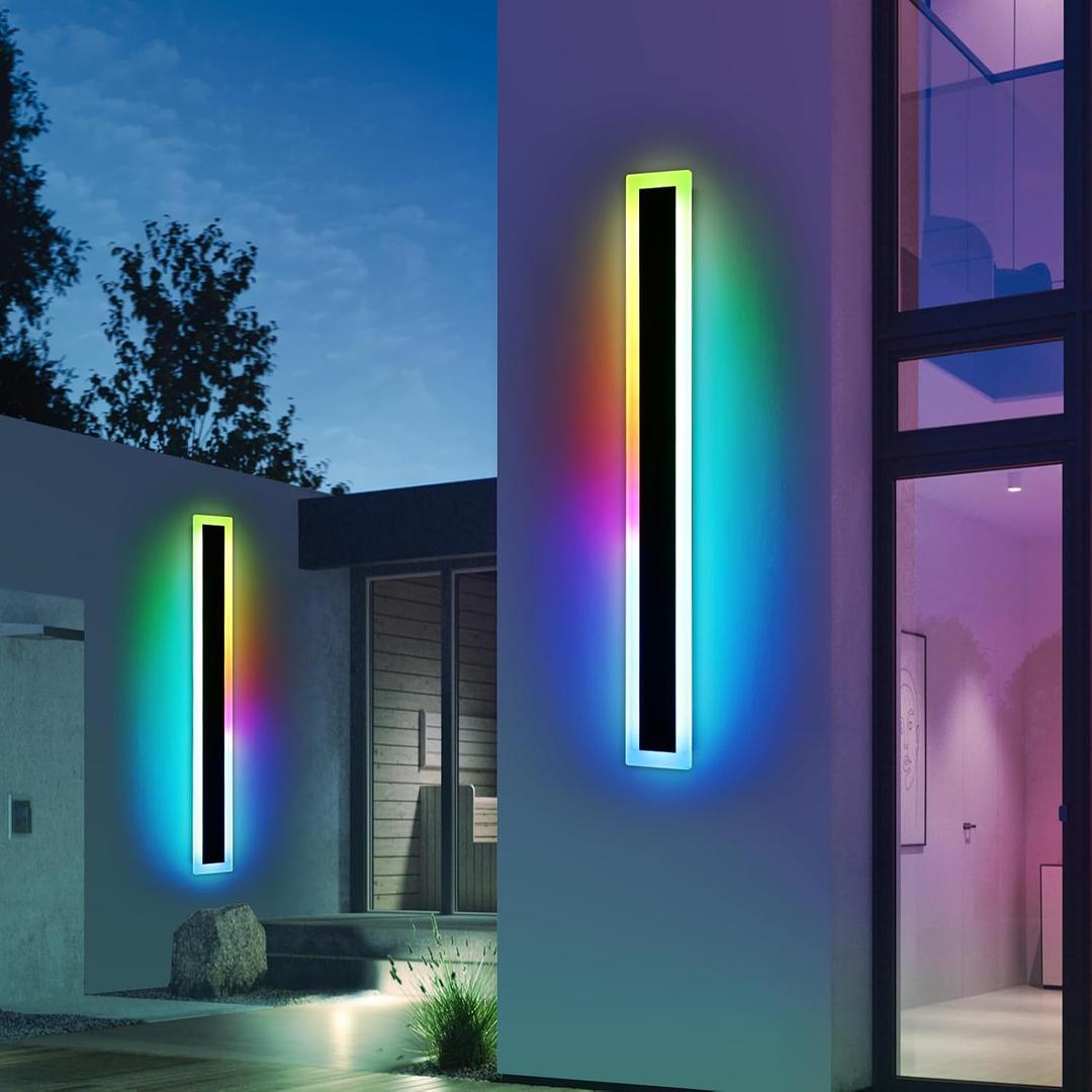 Widened 2 Pack Modern RGB Outdoor Wall Light, 48inch 10 Colors Dimmable LED Wall Mount Sconces, 41W, IP65 Waterproof, Long Linear Garage Lighting Fixtures for Garden, Yard, House