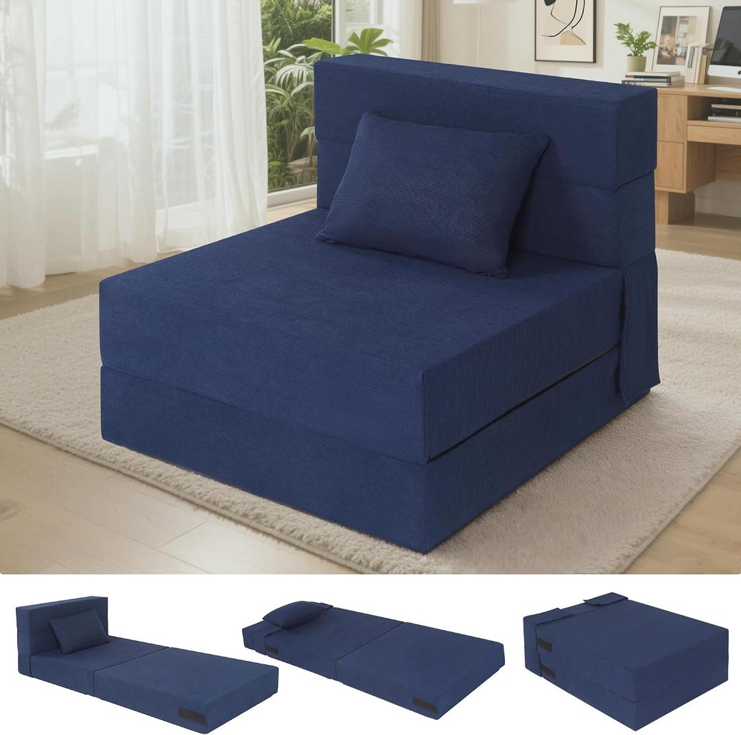 Fvkind Folding Sofa Bed, 4 in 1 Convertible Fold Out Single Chair Bed with Pillow, Memory Foam Futon Chair, Foldable Futon Couch, Foldable Sofa Mattress for Living Room, Bedroom, Guest Room, Blue