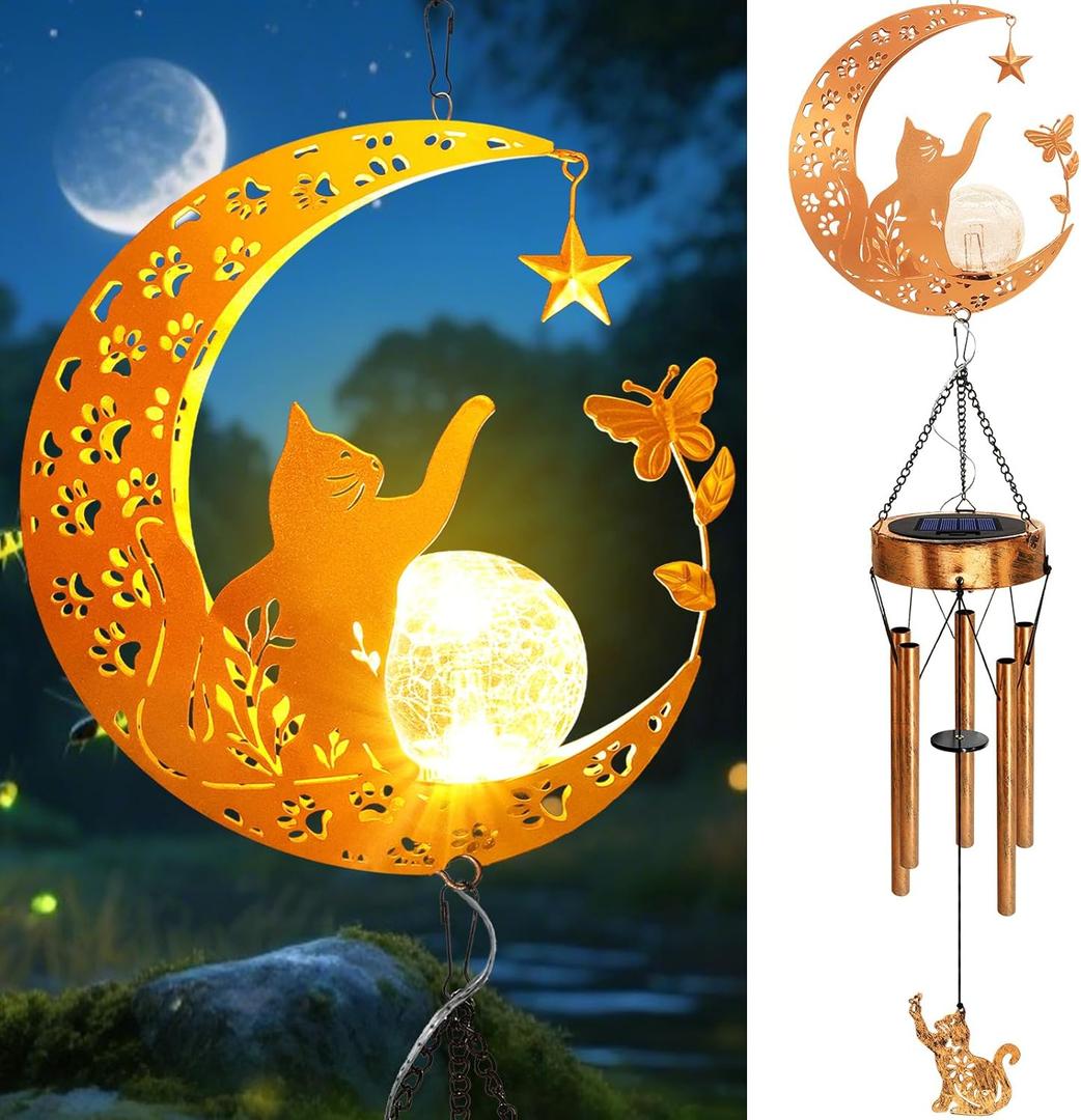 Solar Moon Cat Wind Chimes, Cat Lover Gifts for Mom Women Men Birthday Mothers Day, Hanging Outdoor Decor Cracked Glass Ball Memorial Large Wind Chimes, Decorations for Garden Yard Patio Porch
