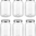 novelinks 32 oz Clear Plastic Jars with Lids, 6 Pack Large Plastic Mason Jars with Lids 32oz, Reusable Quart Containers for Kitchen Organization (6 Pack,Silver)