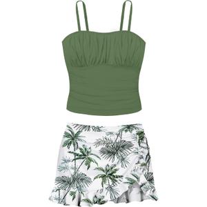 Girls Tankini Swimsuits Two Piece Tropical Print Pleated Bathing Suit with Ruffle Drawstring Skirt Swimwear 9-16T (9-10 Years, Green Palm)