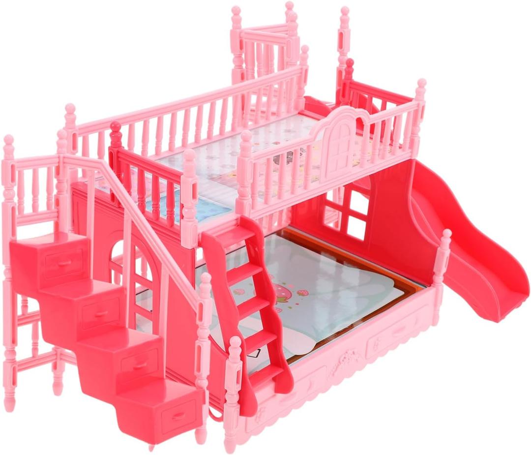 TOYANDONA Doll Bunk Bed - Pink Dollhouse Bed with Ladder Stair and Slide for Baby Doll Miniature Dollhouse Furniture Accessories