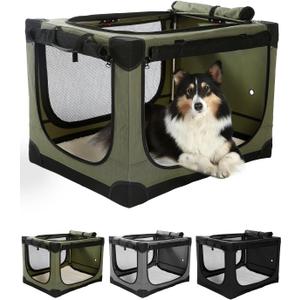 24 Inch Collapsible Travel Dog Crate for Medium Large Dogs, Portable Dog Crate 4-Door Foldable Soft Kennel with Durable Mesh Windows for Indoor & Outdoor Travel, with Storage Bag,Green