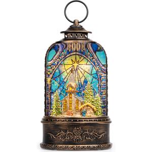 Christmas Snow Globe Lantern Water Glittering Churches & Holy Family with Music& Timer, USB Lined/Battery Operated Lighted Lantern for Christmas Festival Decoration Gifts