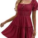Heysolo Womens Boho Floral Smocked Square Neck Short Sleeve Ruffle Beach Summer Mini Dress (Small, Z1 Wine Red)