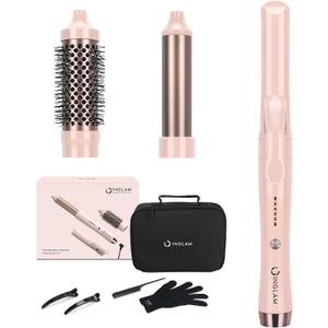 IG INGLAM 3 in 1 Cordless Detachable Hair Styling Set with 1'' Flat Iron, 1.25" Curling Wand, 1.5" Thermal Brush, Rechargeable Portable for Travel, Gift for Women (Pink)