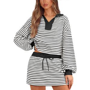 MIYIEONZ Women's Striped 2 Piece Set for women Sweatshirt Mini Skirt Sets Tennis Workout Tracksuit Matching Lounge Outfits Medium Pink (Pink, M)