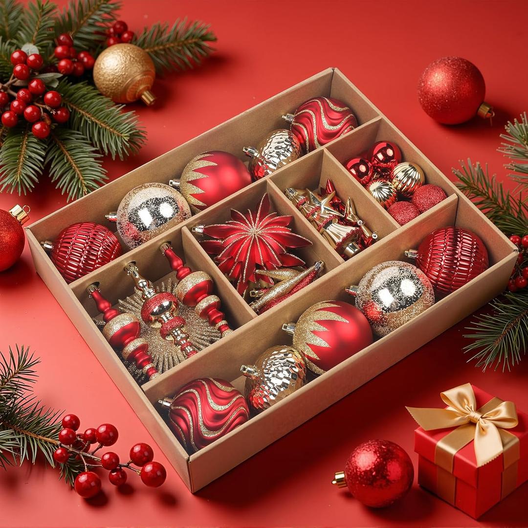 SHareconn 80pcs Christmas Balls Ornaments Set, Contemporary Light Luxury Gift Set, Shatterproof Plastic Decor for Xmas Tree Holiday Wedding Party Decorations with Hanging Strings,Red and Gold
