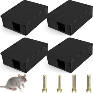 4 Pack Rat Bait Stations with key - Reusable Rodent Station for Indoor Outdoor Garden Warehouse Garage, WeatherResistant Mouse Station Box to Fix Bait Block Keep Rat Away Pets Safe, Dual-Entry Tunnel