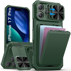 SSLOTSCASE for iPhone 17 Pro Case with Card Holder & Camera Cover Stand & Slide Lens Cover & Wallet, Multi-Functional Stylish Men Women Sturdy Shockproof Phone Case Cover for iPhone 17 Pro 2025, Green