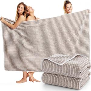 2 Pack Oversized Bath Towels 40 x 80 in Coral Fleece Extra Large Brown and White Striped Bath Sheets Microfiber Quick Dry Absorbent Shower Towel for Beach Pool Hotel Bathroom Spa Gym