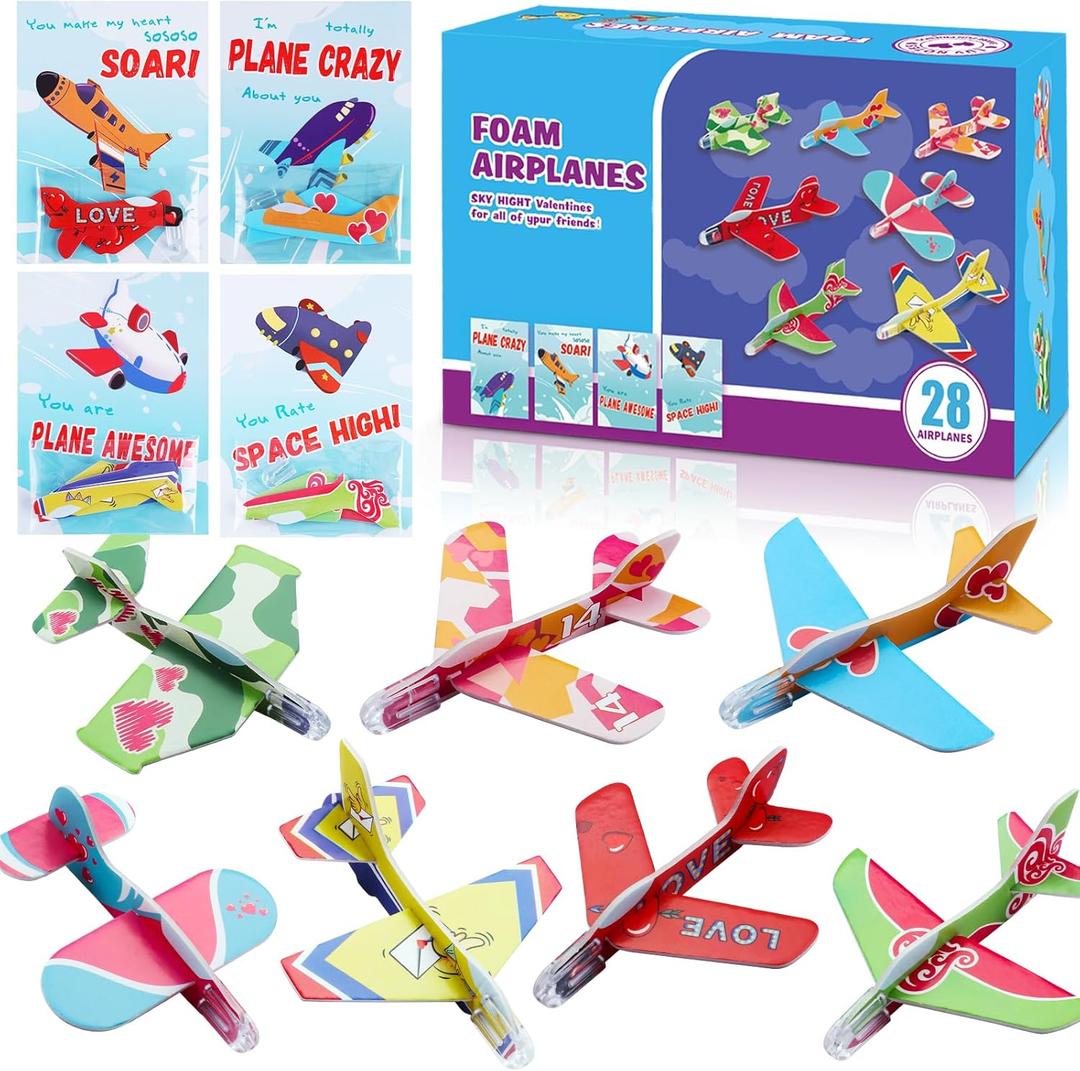 Valentines Day Cards for Kids School, 28 Pack Foam Airplanes with Valentines Greeting Cards for School Classroom Party Supplies, Valentines Party Favors, Exchange Gift Cards for Toddlers Boys Girls