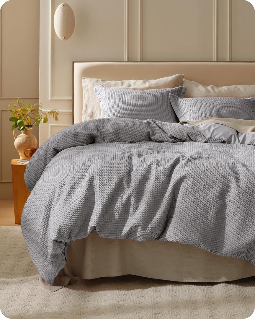 Bedsure Cotton Duvet Cover King - 100% Cotton Waffle Weave Grey Duvet Cover King Size, GentleSoft and Breathable Bedding Set for All Season, 3 Pieces, 104"x90"