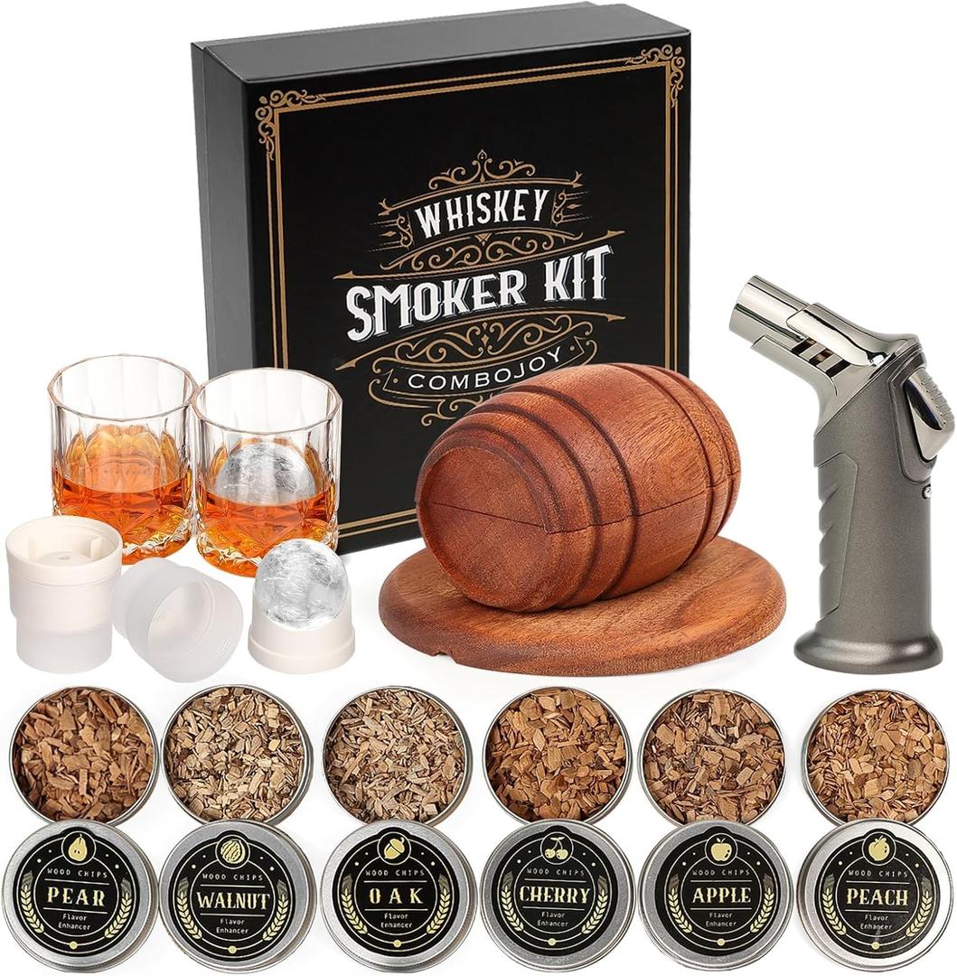 Whiskey Smoker Kit with Torch - 6 Flavors Wood Chips, 2 Glasses, 2 Ice Ball Molds - Cocktail Smoker Infuser Kit, Old Fashioned Drink Smoker Kit, Birthday Bourbon Whiskey Gifts for Men,Dad (NO Butane)