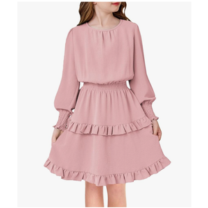 Arshiner Girls Long Sleeve Dress Boho Tiered Ruffle Hem Elegant Smocked Waist Midi Dress, 12y