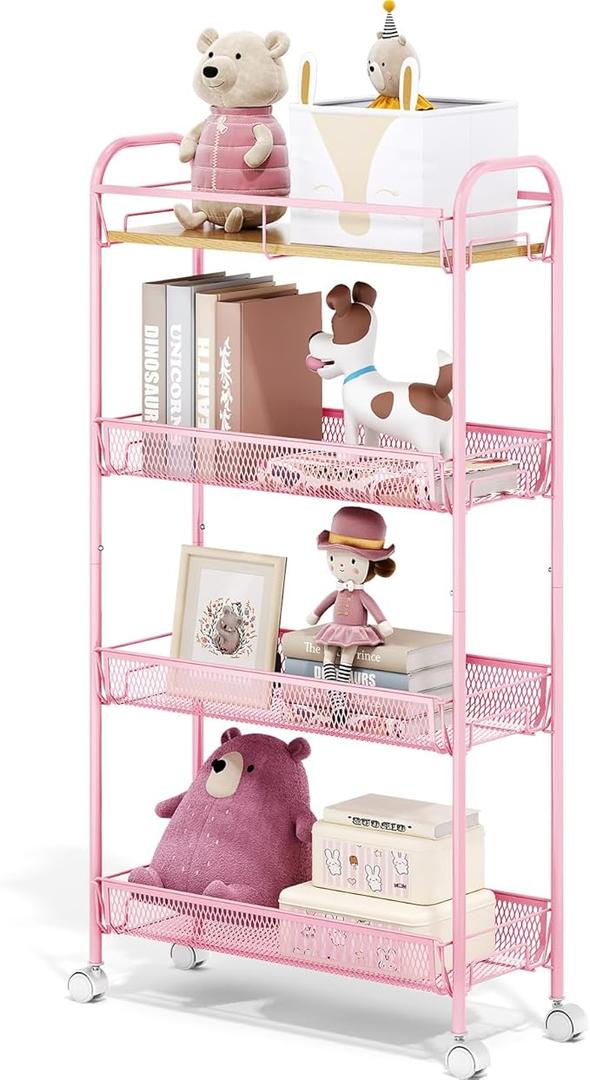 TOOLF 4-Tier Slim Rolling Cart, Metal Storage Cart with Wooden Tabletop and Mesh Baskets for Narrow Space on Kitchen Bathroom Laundry Room Bedroom Apartments Dormitory
