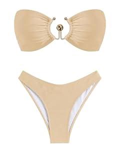 ZAFUL Women's Bandeau Bikini Set Tie Back Swimwear O Ring Strapless Two Piece Bathing Suit Apricot M