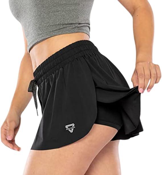 Keiki Kona 2-in-1 Flowy Fitness Shorts - Quick Dry Comfortable Workout Shorts with Drawstring, Large