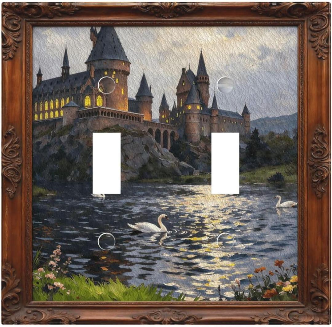 Decorative Art Light Switch Covers Castle & Swans 2 Gang Double Toggle Wall Plate Decorative Switchcover Electrical Switchplate for Home Decor